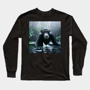 Chimpanzee in a Jungle lake in the rain Long Sleeve T-Shirt